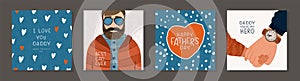 Happy fathers day, set of vector postcards. Illustrations of hand of dad and child, bearded man with glasses. Cute fun