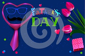 Happy Fathers day template text greeting card. Bouquet flower tulip tie and mustache