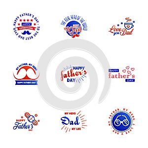 Happy Fathers Day. vector hand lettering. 9 Blue and red Calligraphy illustration for greeting card. festival poster etc