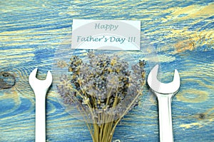 Happy fathers day wishes, bunch of gorgeous lavender flowers and spanners