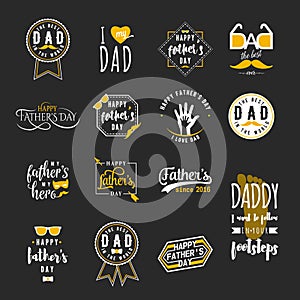 Happy fathers day wishes overlays, lettering labels design set. Retro father badges. Hand drawn emblems