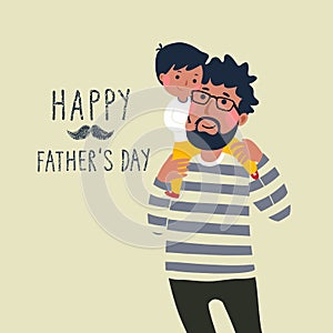 Happy fatherâ€™s day card. Cute little boy on his fatherâ€™s shoulder