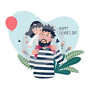 Happy fatherâ€™s day card. Cute little girl on her fatherâ€™s shoulder in heart shaped