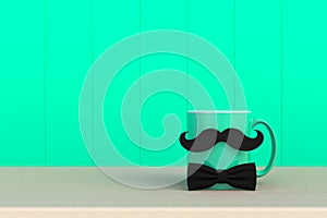 Happy Fatherâ€™s Day concept, Close up of coffee with mustache and bow tie on green wood background, Copy space.