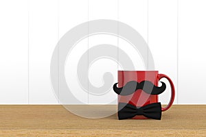 Happy Fatherâ€™s Day concept, Close up of coffee with mustache and bow tie on white wood background, Copy space
