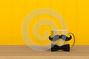 Happy Fatherâ€™s Day concept, Close up of coffee with mustache and bow tie on yellow wood background, Copy space