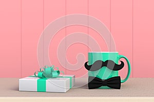 Happy Fatherâ€™s Day concept, Close up of coffee with mustache and gift box on pink wood background, Copy space