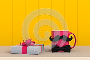 Happy Fatherâ€™s Day concept, Close up of coffee with mustache and gift box on yellow wood background, Copy space