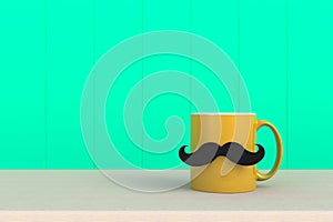 Happy Fatherâ€™s Day concept, Close up of coffee with mustache on green wood background, Copy space