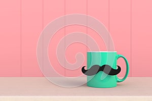 Happy Fatherâ€™s Day concept, Close up of coffee with mustache on pink wood background, Copy space.