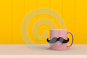 Happy Fatherâ€™s Day concept, Close up of coffee with mustache on yellow wood background