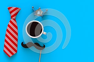 Happy Fatherâ€™s Day concept with coffee, mustache and crown on blue background, Top view with copy space