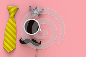 Happy Fatherâ€™s Day concept with coffee, mustache and crown on pink background, Top view with copy space