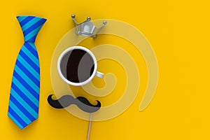 Happy Fatherâ€™s Day concept with coffee, mustache and crown on yellow background, Top view with copy space.