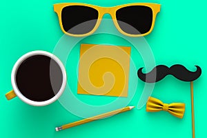 Happy Fatherâ€™s Day concept with coffee, mustache and glasses on green background, Top view with copy space