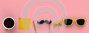 Happy Fatherâ€™s Day concept with coffee, mustache and glasses on pink background, Top view with copy space.