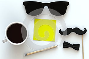 Happy Fatherâ€™s Day concept with coffee, mustache and glasses on white background, Top view with copy space