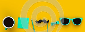 Happy Fatherâ€™s Day concept with coffee, mustache and glasses on yellow background, Top view with copy space