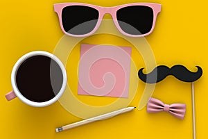 Happy Fatherâ€™s Day concept with coffee, mustache and glasses on yellow background, Top view with copy space