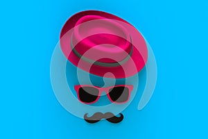 Happy Fatherâ€™s Day concept with hat, mustache and glasses on blue background, Top view with copy space