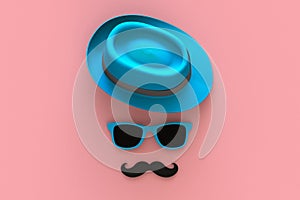 Happy Fatherâ€™s Day concept with hat, mustache and glasses on pink background, Top view with copy space