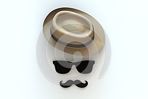 Happy Fatherâ€™s Day concept with hat, mustache and glasses on white background, Top view with copy space.