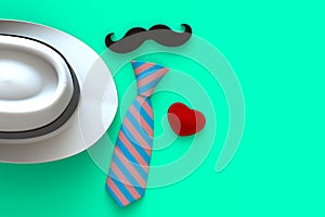 Happy Fatherâ€™s Day concept with heart, mustache and neck tie on green background, Top view with copy space