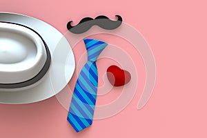 Happy Fatherâ€™s Day concept with heart, mustache and neck tie on pink background, Top view with copy space