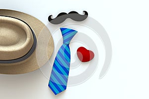 Happy Fatherâ€™s Day concept with heart, mustache and neck tie on white background, Top view with copy space