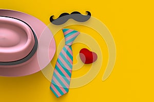 Happy Fatherâ€™s Day concept with heart, mustache and neck tie on yellow background, Top view with copy space.