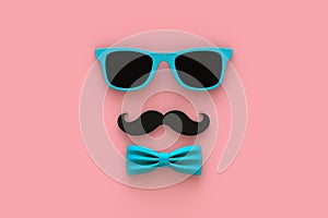 Happy Fatherâ€™s Day concept with mustache and glasses on pink background, Top view with copy space.