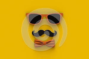 Happy Fatherâ€™s Day concept with mustache and glasses on yellow background, Top view with copy space