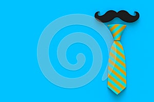Happy Fatherâ€™s Day concept with mustache and neck tie on blue background, Top view with copy space