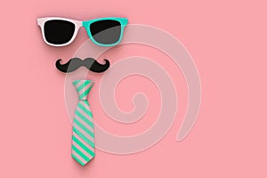 Happy Fatherâ€™s Day concept with neck tie, mustache and glasses on pink background, Top view with copy space