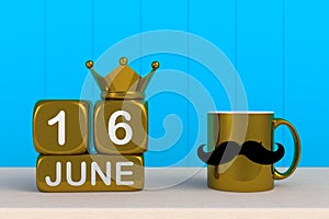 Happy Fatherâ€™s Day message, Close up of coffee with mustache and crown on blue wood background, Copy space.