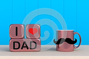 Happy Fatherâ€™s Day message, Close up of coffee with mustache and heart on blue wood background, Copy space