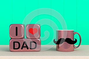 Happy Fatherâ€™s Day message, Close up of coffee with mustache and heart on green wood background, Copy space.