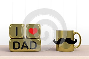 Happy Fatherâ€™s Day message, Close up of coffee with mustache and heart on white wood background, Copy space