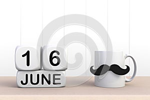 Happy Fatherâ€™s Day message, Close up of coffee with mustache on white wood background, Copy space.