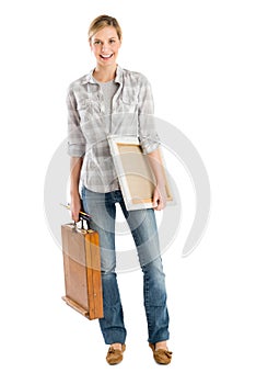 Happy Female Artist With Canvas And Wooden Case