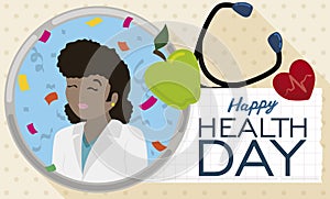 Happy Female Brunette Physician Celebrating Health Day, Vector Illustration