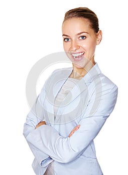 Happy female business entrepreneur isolated on white. Portrait of a smiling young business woman with hands folded