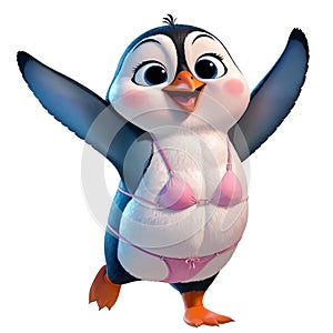 Happy female cartoon penguin in bikini raising wings