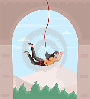 Happy female character is bungee jumping from a bridge