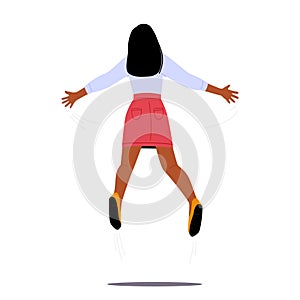 Happy Female Character Jump With Outspread Hands Rear View. Woman Celebrate Success, Cheerful Girl Feel Freedom