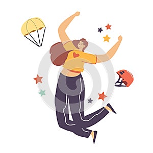 Happy Female Character Jumping with Skydiver Equipment Helmet and Parachute. Skydiving Parachuting Adrenaline Sport