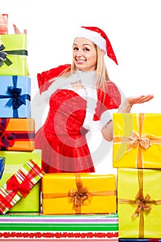 Happy female Christmas Santa with gifts