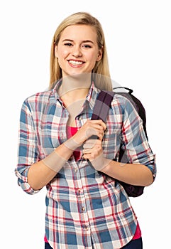 Happy Female College Student Carrying Backpack