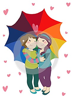 Happy female couple under rainbow umbrella