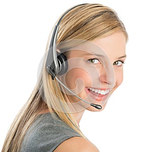 Happy Female Customer Service Representative Wearing Headset